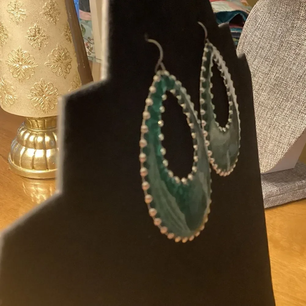 Silvertone and Green Enamel Tear Drop Pierced Earrings